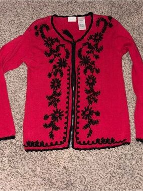 90s Vintage Red/black floral beaded and embroidered zip up sweater